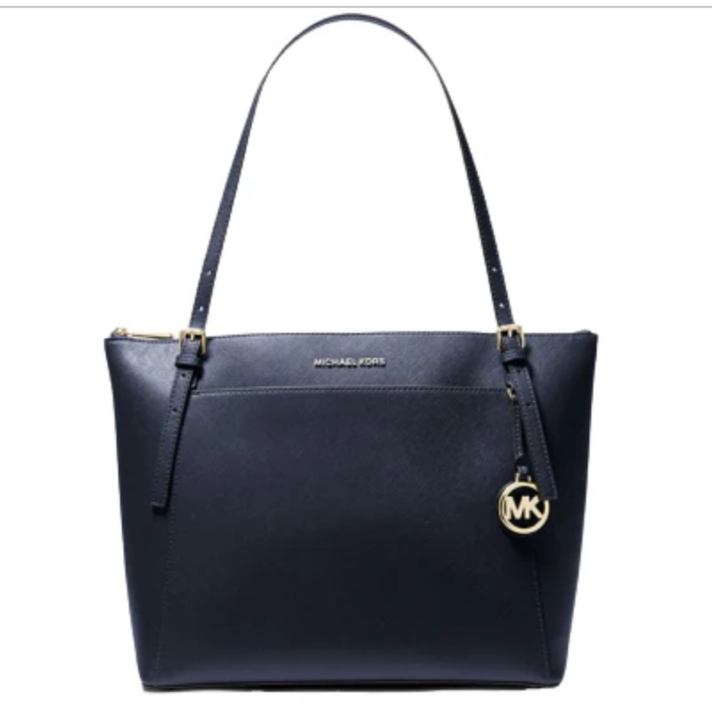 Michael Kors Navy Saffiano Leather Tote with Gold MK Charm